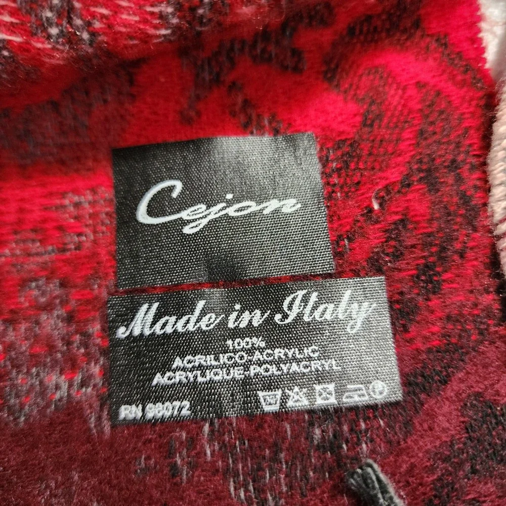 Cejon Scarf Made in Italy Red Grey Paisley Jacquard Fringed Acrylic Wrap